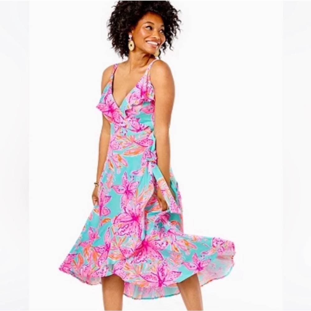 NWT Lilly Pulitzer Fontaine Knee Length Wrap Dress. Size S. Adjustable Straps.